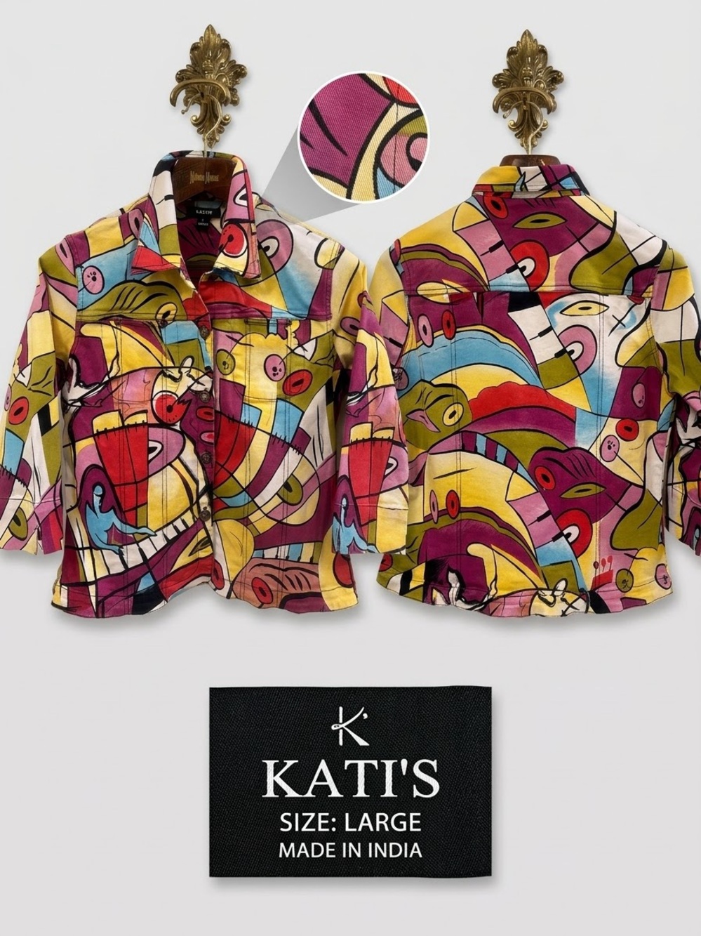 Kaktus Abstract Art Print Jean Style Jacket Large 3/4 Sleeve Stretch Cotton